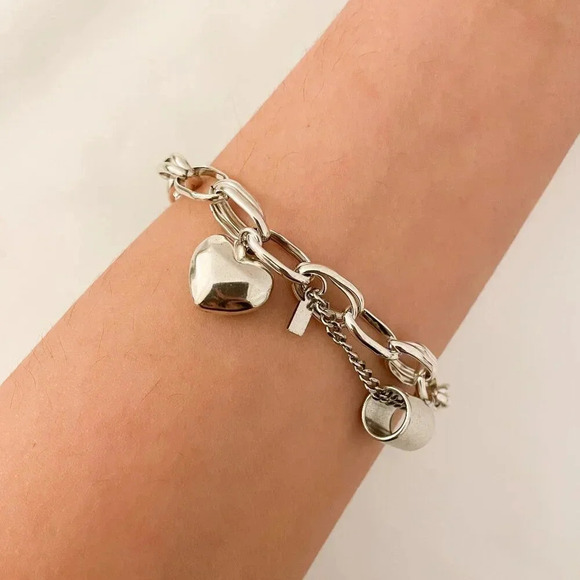 925 Sterling Silver Heart Link Bracelet Chunky Statement Bracelet Heart Charm - Picture 9 of 10